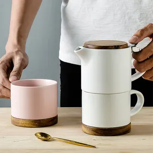 Tetera de cerámica retro nórdica personalizada para una persona, juego de tazas de té de la tarde, con tapa de madera