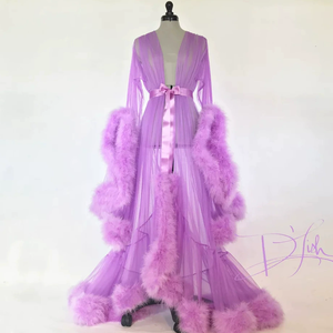 King Mcgreen Star Lencería Sexy, Bata Transparente con Plumas para Mujer, Vestido de Noche con Manga Trompeta y Cola, Transparente - Product Image 6