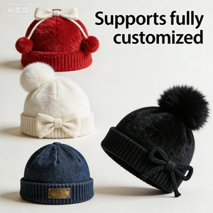 定制刺绣标志格子迷彩蝴蝶结防风透气男女通用豆豆批发冬季保暖100% 棉针织帽 - Product Image 6