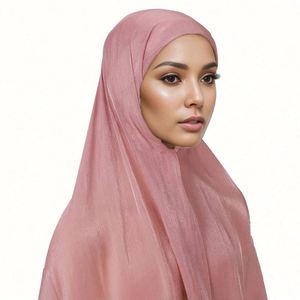 Châle islamique pour femme en mousseline froissée, foulard de tête, écharpes musulmanes, châle hijab instantané en mousseline effet soie avec bonnet - Product Image 2