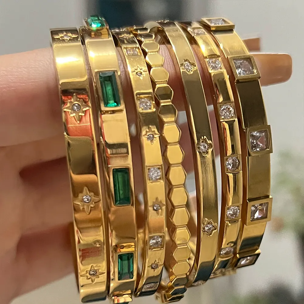 Pulseira feminina impermeável, bracelete de aço inoxidável, branco e verde banhado a ouro, pulseira simples, dropshipping