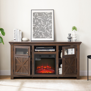 Meuble TV 2 portes en bois style Mid-Century, console de divertissement pour salon avec rangement réglable, inspiré des granges, pour insert de cheminée de 18 pouces - Product Image 2