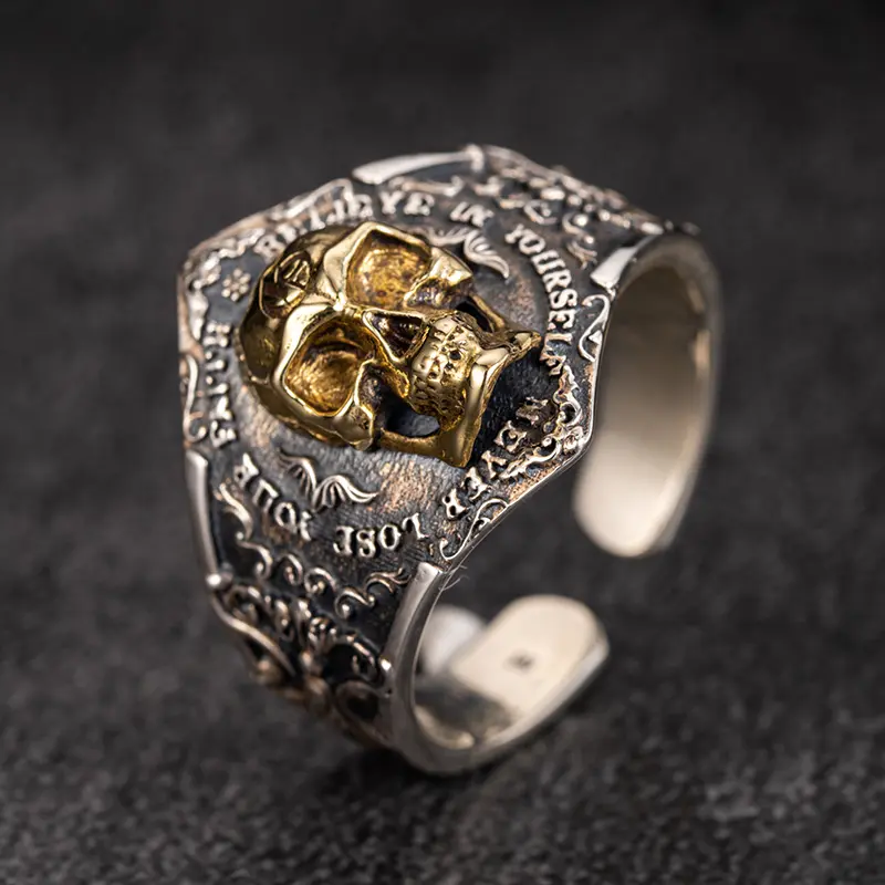 Anillos de hip hop para hombre, precio al por mayor, joyería de estilo vikingo de Plata de Ley 925 con diseño Vintage de Calavera del despertar del alma chapada en oro