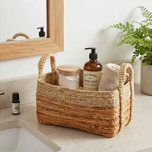 Handwoven <b>Rectangular</b> Two-Tone Seagrass <b>Storage</b> <b>Basket</b> with Handles, Natural Wicker Organizer Bin for Shelf and Living Room - Product Image 6
