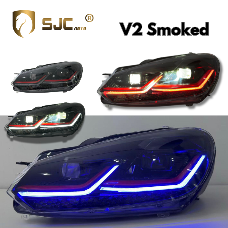 Sjc V2 Smoked LED Headlight Assembly For Volkswagen Golf 6 2009-2012 White Red DRL