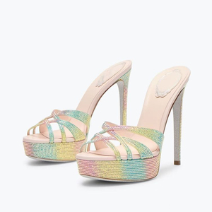 Sandales d'été colorées à petits diamants, grande taille 44, à bout ouvert, plateforme, talons aiguilles fins, chaussures à brides croisées pour femmes - Product Image 3