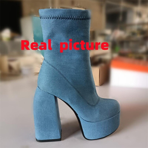 New Fashion Luxury Designs Chunky Heels Zipper Denim Blue Platform <b>Boots</b> for Women and Ladies 2025 - Product Image 5
