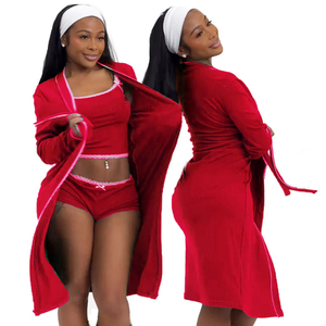 Navidad mujer ropa de dormir Santa bebé encaje forrado <span class=keywords><strong>bata</strong></span> camiseta sin mangas con Mini pantalones cortos 3 piezas Loungewear conjunto pijamas de mujer - Product Image 6