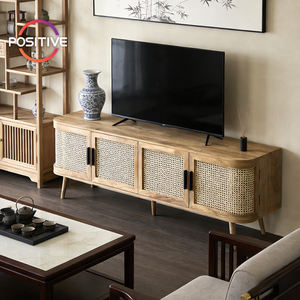 Mobile <span class=keywords><strong>TV</strong></span> in MDF con <span class=keywords><strong>Pannello</strong></span> <span class=keywords><strong>Porta</strong></span> in Rattan, Struttura a Quattro Ante, Design con Bordi Curvi, Gambe in Legno, Mueble De Television - Product Image 2