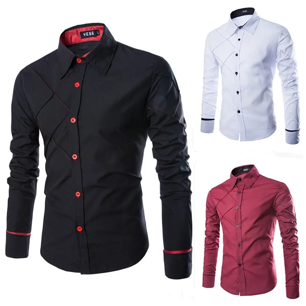 Camisa xadrez manga comprida masculina, nova camisa formal masculina social com gola de lapela, cor sólida, casual