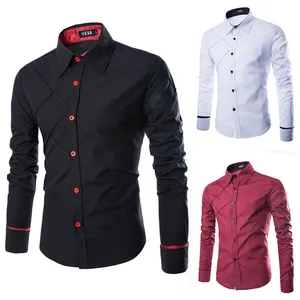 En gros Hommes Nouvelle Arrivée D'affaires Formelle Chemise À Carreaux À Manches Longues Gentleman Revers Col Bouton Solide Couleur Chemise Décontractée