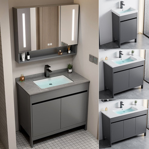 Meuble de salle de bain moderne et minimaliste sur pied pour hôtel, avec vasque intégrée en céramique et armoire miroir intelligente - Product Image 2