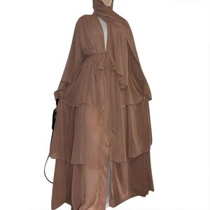 Arabo Oman elegante Chiffon Kimono da donna tinta unita 3 strati aperti abiti musulmani Dubai Abaya - Product Image 3