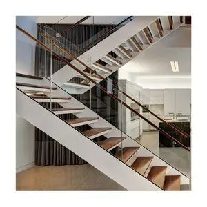 Escalera de madera moderna en forma de U de doble tirante con balaustrada de vidrio