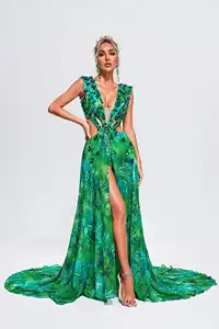 Senhoras Sexy Backless Loose V Neck Verde Maxi Tropical Print Casual Vacation Beach Dress Mulher