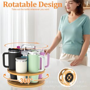 Bamboo rotating cup holder/water bottle organizer with handle, <b>kitchen</b> water cup storage <b>rack</b>. - Product Image 3