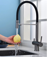 Robinet de cuisine moderne en acier inoxydable avec filtre, douchette extractible flexible, double poignée, rotation à 360 degrés, cartouche céramique