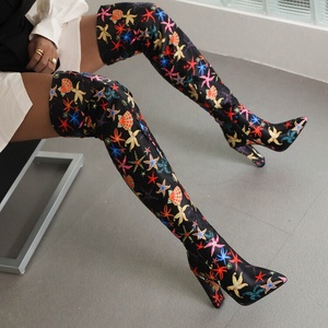 Cute Print Women Black Thigh High <b>Boots</b> High Square Heels Over Knee Long Booties Shoes for Wide Leg Fat Feet - Product Image 6