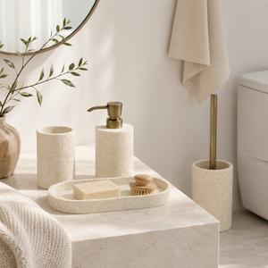 Ensemble de salle de bain minimaliste en résine beige sable naturel, accessoires effet pierre texturée pour salle de bain - Product Image 1