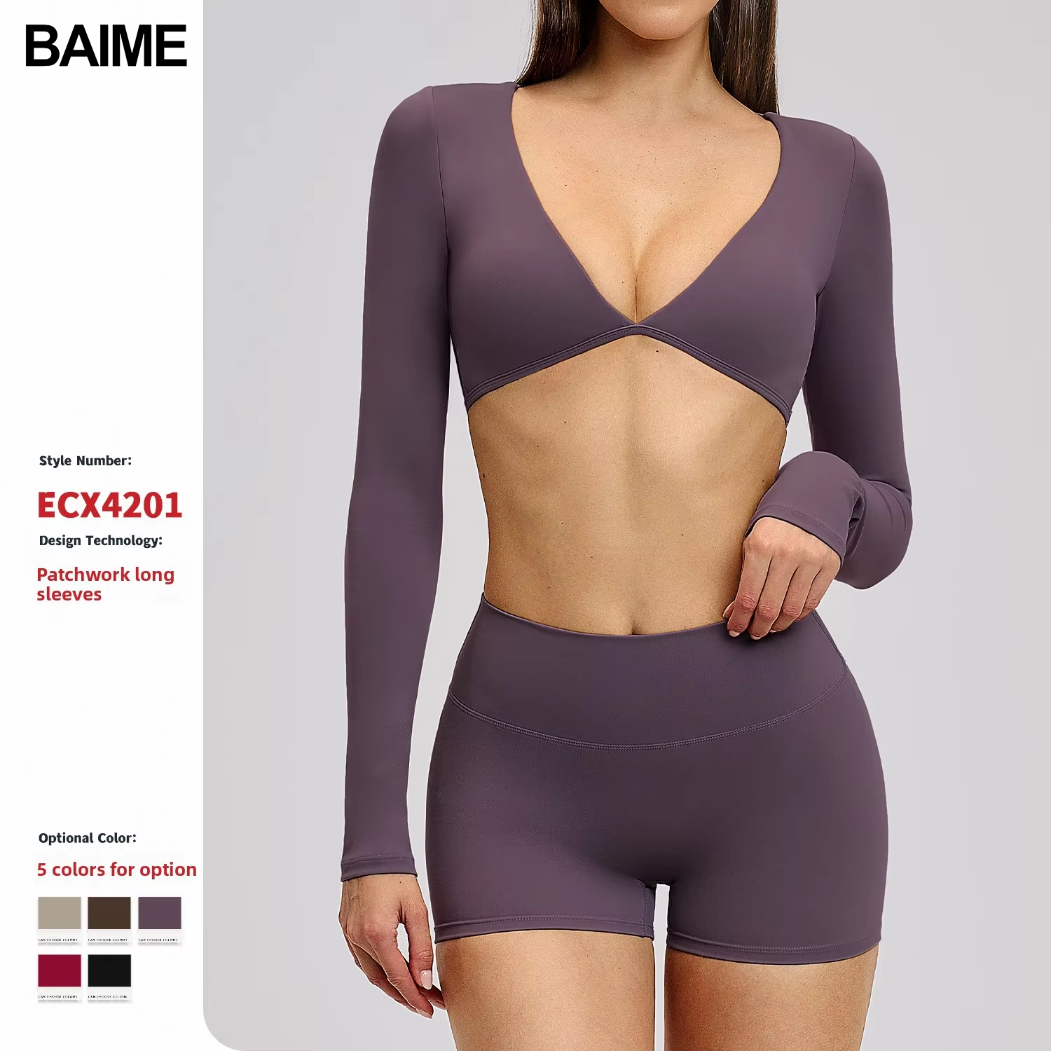 BAIME Casual Yoga Long-Sleeve V-Neck Spandex/Nylon Sweat-Wicking Sports Top for Women Outdoor Fitness Running T-Shirt 4201