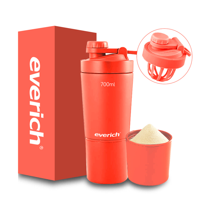 Everich 700ml Durable Stylish Stainless Steel Shaker Bottles With Powder Containers Kit and Leak-proof Lid