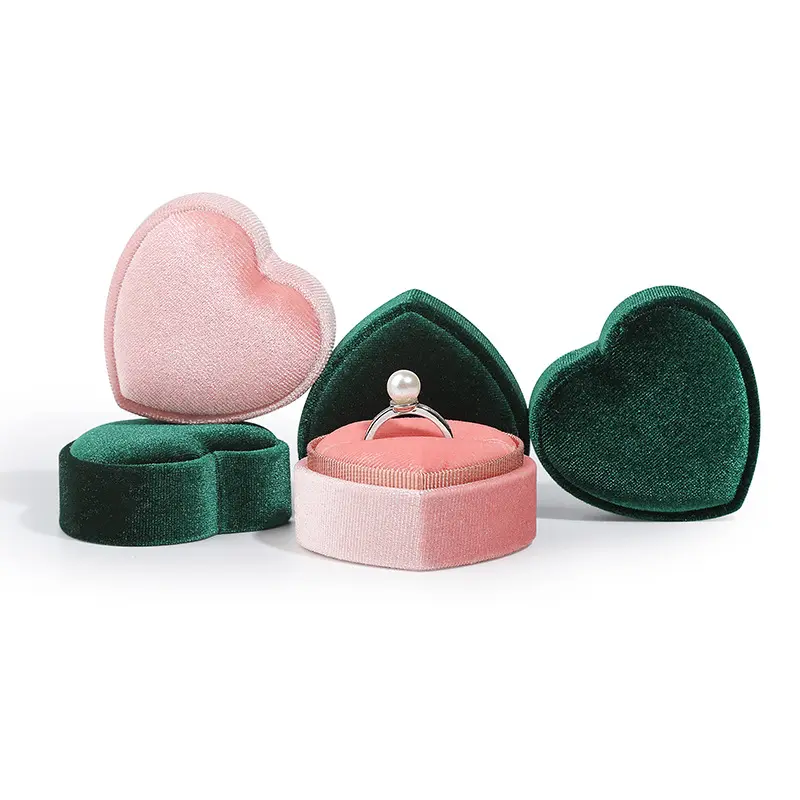 Paar Valentinstag Red Velvet Pink Double 2 Ring Geschenk box Herz Doppel ring Aufbewahrung Samt Anhänger Box
