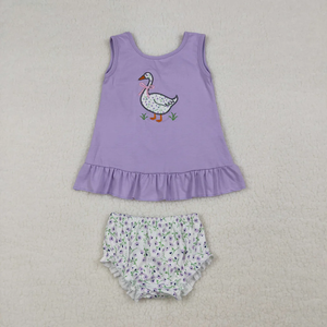 Vêtements d'été pour petites filles, hauts violets sans manches avec appliques de canard et d'oie + short à imprimé floral, tenues décontractées 2 pièces - Product Image 3