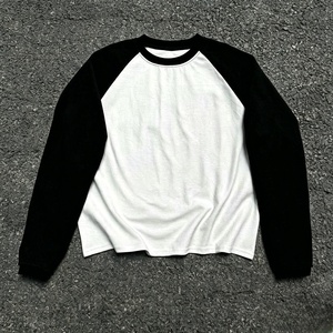 Men's White Body Black Sleeve Long Sleeve T-Shirt O-Neck Casual Knitted Solid Color <b>Top</b> - Product Image 2