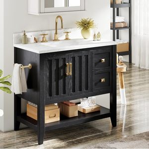 Meuble-lavabo <span class=keywords><strong>de</strong></span> <span class=keywords><strong>salle</strong></span> <span class=keywords><strong>de</strong></span> <span class=keywords><strong>bain</strong></span> moderne en chêne <span class=keywords><strong>de</strong></span> 30 pouces avec miroir intelligent, 2 tiroirs et 2 étagères ouvertes, idéal pour appartement et villa - Product Image 5