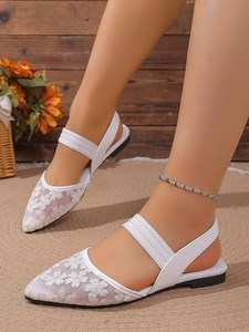 Women Floral Embroidery Mesh Slingback <b>Sandals</b> Pointed Toe <b>Elastic</b> Strap Flat Ladies Summer Dress Shoes - Product Image 4