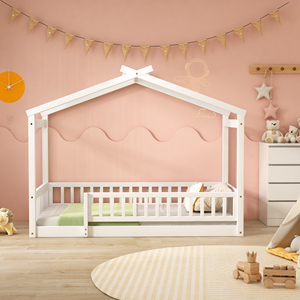 Twin Size Wood House <b>Bed</b> <b>Frame</b> <b>With</b> Fence White For Kids Teens Girls Boys - Product Image 1