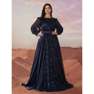 Abito da Sera Lungo a Linea A per Donna, Vestito da Ballo con Paillettes e Raso, Maniche Regolari, Taglie Forti, Elegante - Product Image 1