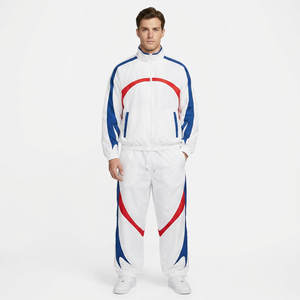 Ensemble de survêtement pour homme, blanc, bleu, rouge, avec blocs de couleur, veste zippée sportive et pantalon, en polyester tricoté respirant, coupe-vent - Product Image 1