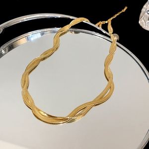 Unique Double Layer Twisted Stainless Steel PVD 18K <b>Gold</b> <b>Herringbone</b> Link <b>Chain</b> Choker Necklace Women - Product Image 6