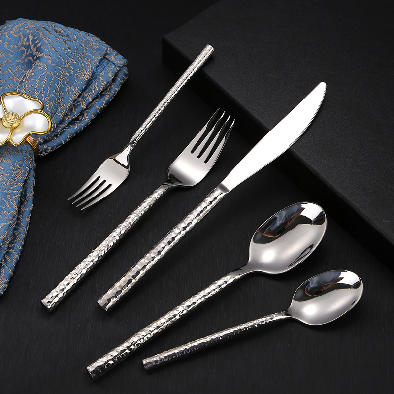 Modern Dinner Knife Forks Spoons Set Tableware 5pcs Gold Cutlery Set Hammered Handle Stainless Steel Flatware Sets Silverware · image 3