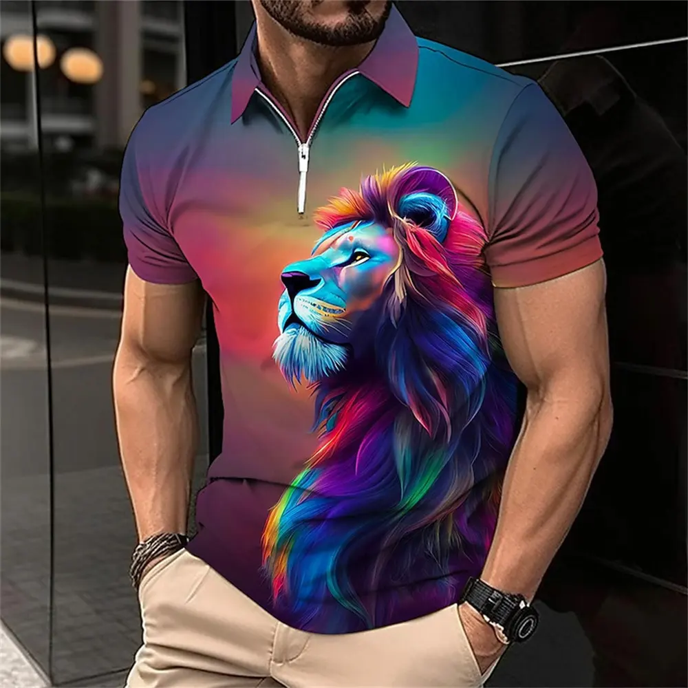 Polo para hombre, camisetas de verano de manga corta con cremallera, Camiseta con estampado de León, jersey de Golf, moda, Polo personalizado de gran tamaño para hombre