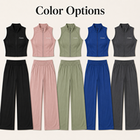Op maat gemaakte dames sleeveless zip crop matching pak zachte gebreide wijde pijpen broek OEM ODM privélabel voor thuis en vrije tijd