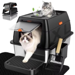 Caixa de Areia para Gatos em Aço Inoxidável de Alta Resistência com Controle por Toque e Sistema de Remoção de Odores, Sanitário Portátil Anti-Splash para Animais de Estimação - Product Image 1