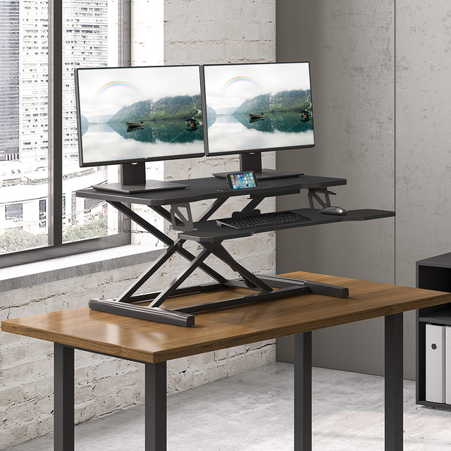 Modern Portable Gas Spring Dual Layer Office Desk Pneumatic Sit-Stand Foldable Table Standing Desk Workstation Converter