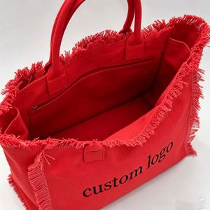 Sac fourre-tout en toile grande capacité pour la plage, avec pompons et franges, personnalisable avec logo - Product Image 4