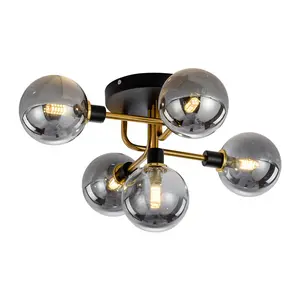 현대 디자인 앰버 컬러 유리 볼 천장 램프 5 헤드 금속 플레이트 펜던트 라이트 표면 장착 LED 샹들리에