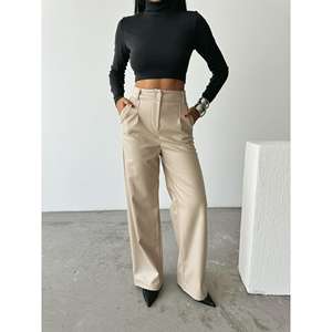 High-Waisted Leather <b>Palazzo</b> <b>Pants</b> <b>Elastic</b> <b>Waist</b> Breathable Stone-Colored Cargo Style Wide-Leg Fit Colored Wash <b>Elastic</b> - Product Image 6
