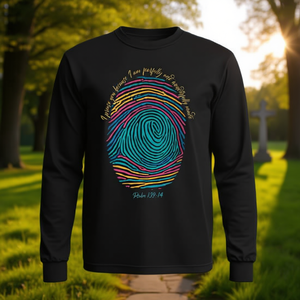 Camiseta de manga larga con estampado de huellas dactilares de Christian, elogio a Dios, soy maravillosamente creado, Salmo 139:14 - Product Image 3