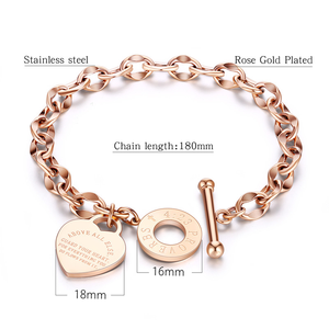 Nuovo Bracciale Trendy con Catena Placcata Oro Rosa e Chiusura a T, Braccialetto Personalizzato in Acciaio al Titanio con Ciondolo a Cuore, Gioielli da Donna - Product Image 4