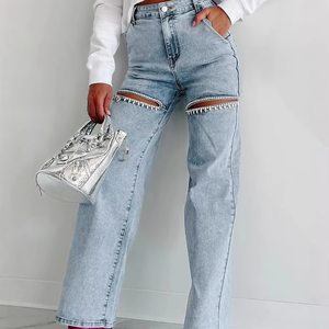 <span class=keywords><strong>Jeans</strong></span> a quattro stagioni in stile Casual da donna con borchie aperte davanti a mano lavate Multi-tascabile alla moda europea americana - Product Image 1