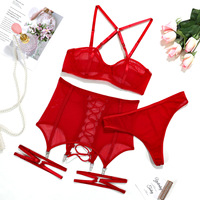 Ensemble de lingerie sexy en maille pour femme, soutien-gorge à armatures croisées et porte-jarretelles, tenue exotique 3 pièces pour une allure audacieuse
