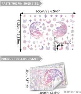Autocollants statiques amovibles pour fenêtre, motif lune et étoiles de fée rose, écologiques, résistants à l'eau, 16x23 pouces - Product Image 3
