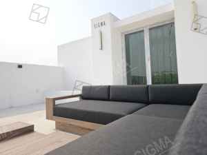 Mobiliário Sigma <span class=keywords><strong>2025</strong></span> Novo Estilo High End <span class=keywords><strong>Outdoor</strong></span> Luxury <span class=keywords><strong>Furniture</strong></span> Set Hotel L-Shaped Teca Madeira Mobiliário Exterior Jardim Sofá Set