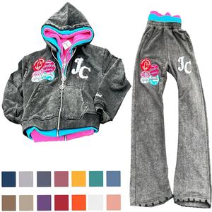 Conjunto Deportivo Unisex Vintage con Lavado Ácido y Efecto Desgastado, de Tres Capas, con Parches Personalizados Bordados, Pantalones Deportivos y Sudadera con Capucha, Tallas Grandes, Maternidad - Product Image 1