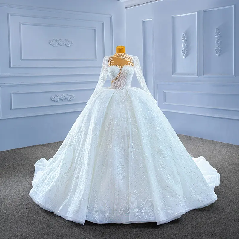 Rsm67408 nouvelle robe de mariée élégante en dentelle à manches longues et col montant en tissu pailleté, 2022